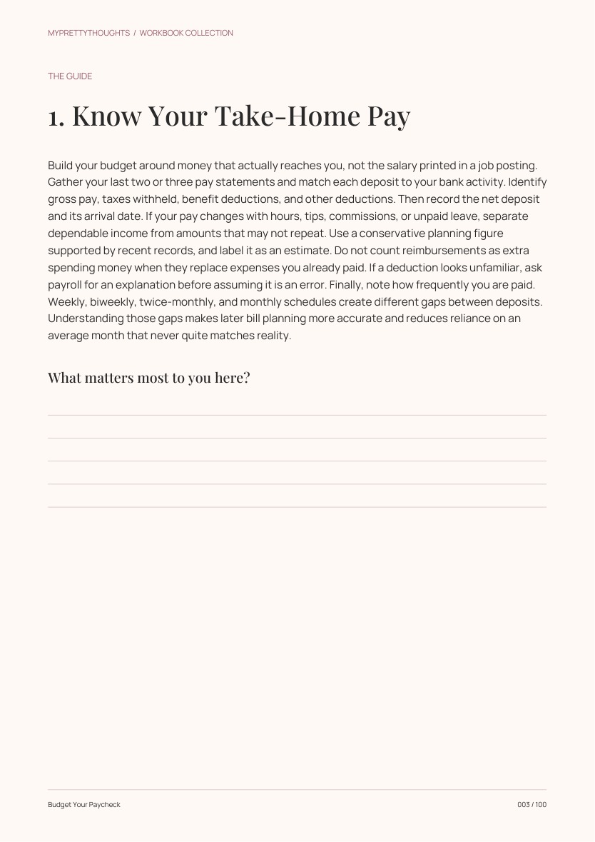 Sample guidance page from Budget Your Paycheck