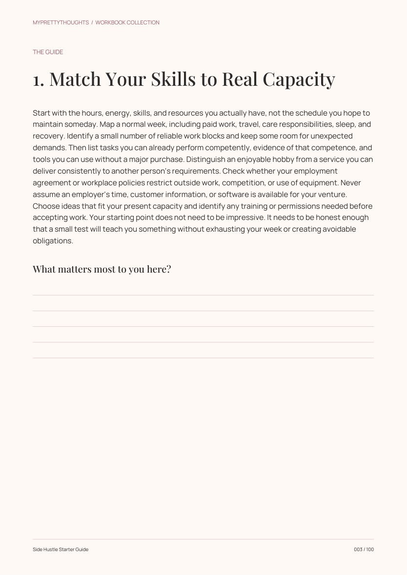 Sample guidance page from Side Hustle Starter Guide