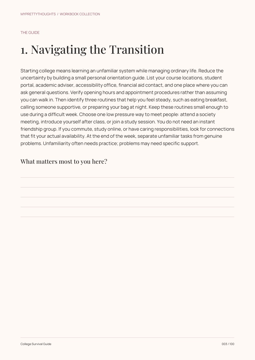 Sample guidance page from College Survival Guide